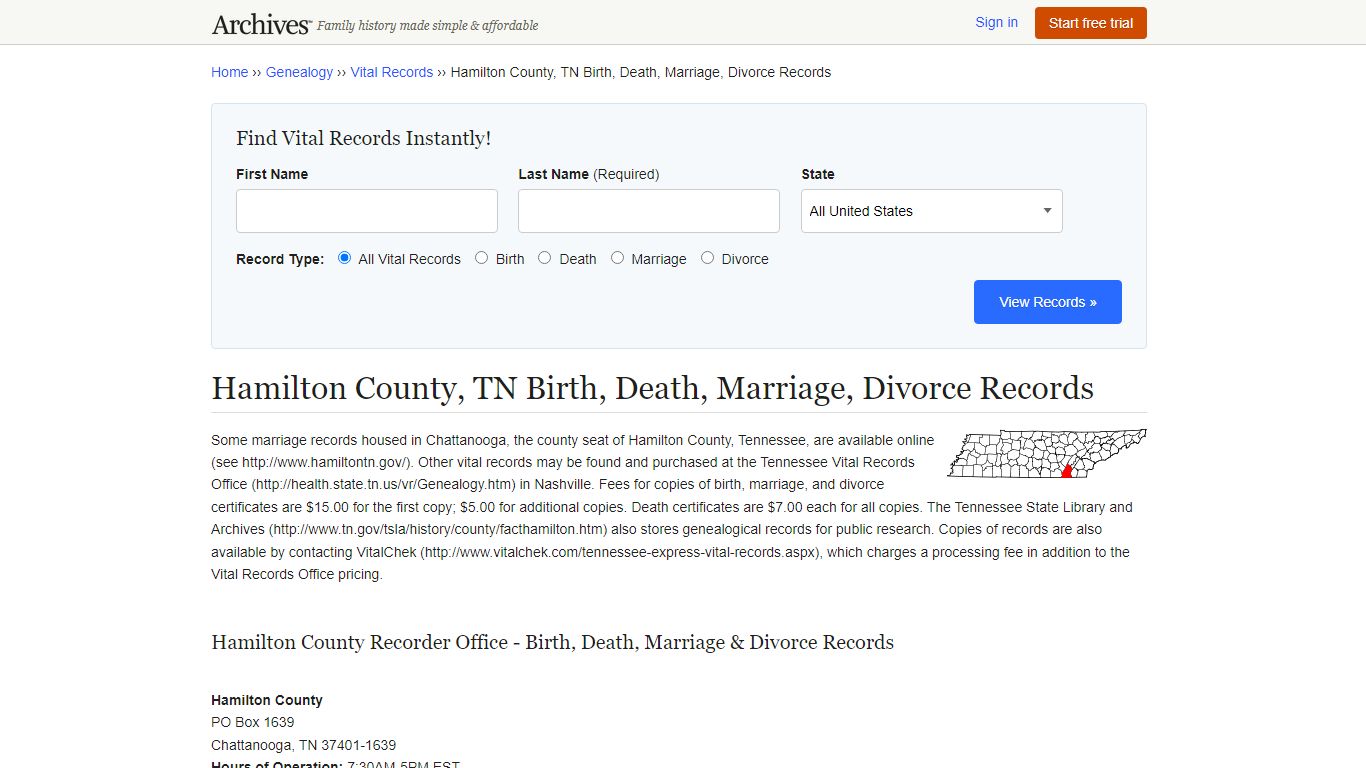 Hamilton County, TN Birth, Death, Marriage, Divorce Records